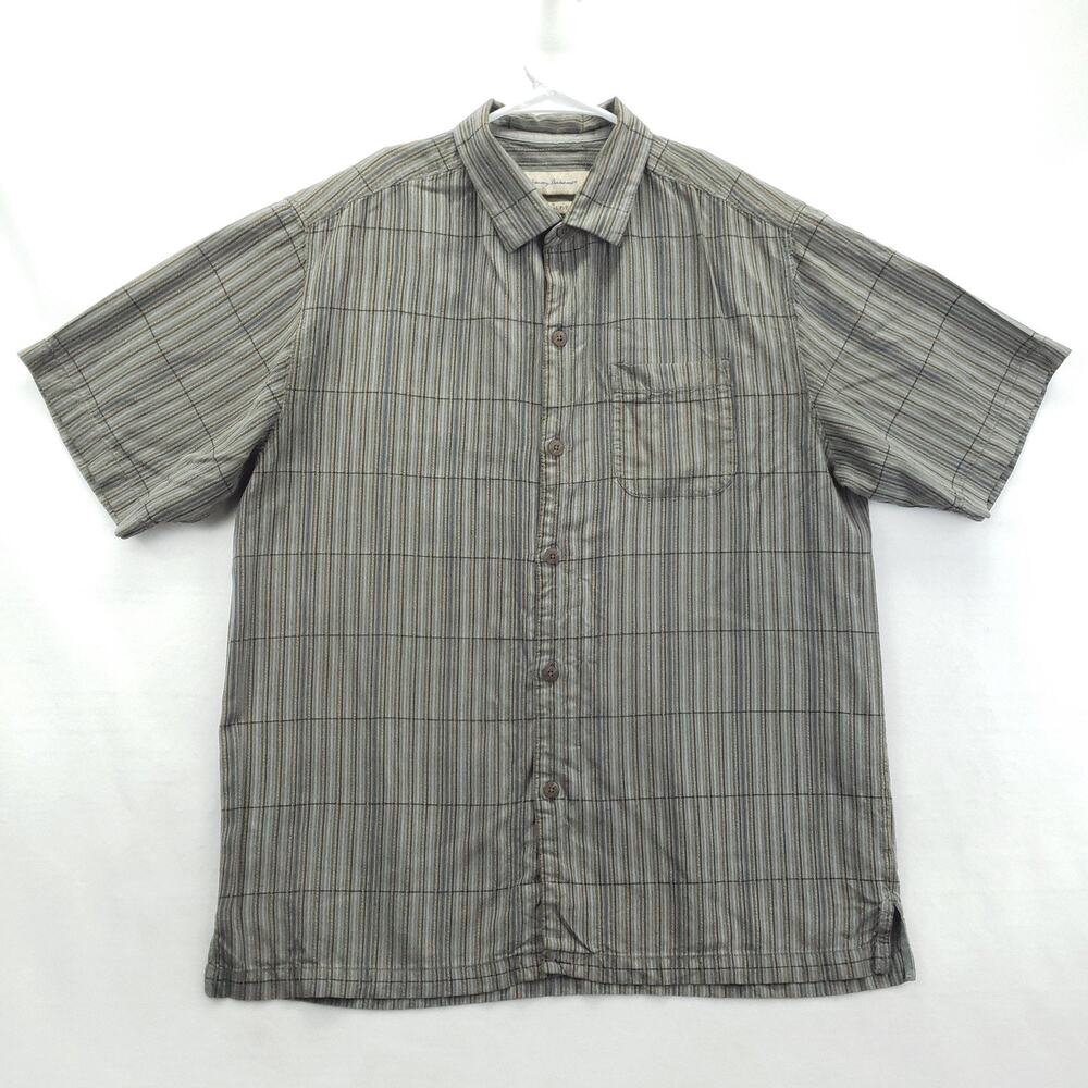 Tommy Bahama Shirt Mens Large Gray Striped Silk Short Sleeve Button Up Casual